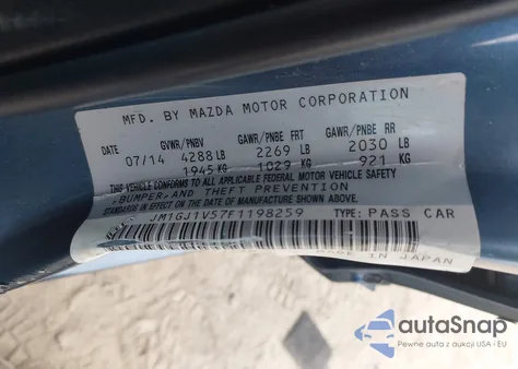 2015 Mazda Mazda6 I Touring z USA, uszkodzony, nr VIN JM1GJ1V57F1198259